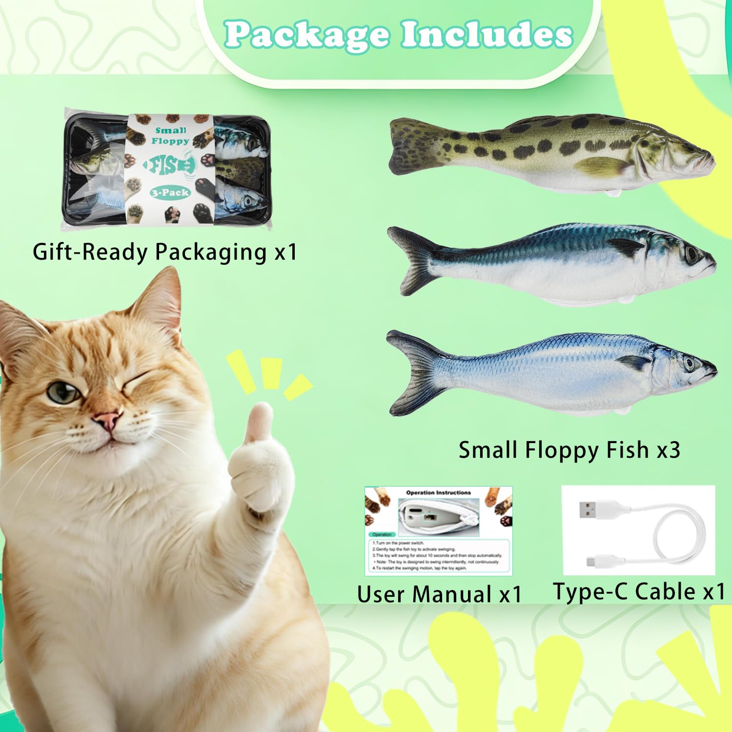 Satauko Realistic Floppy Fish Cat Toys, 3 Pack Mini-Sized, Moving Toys