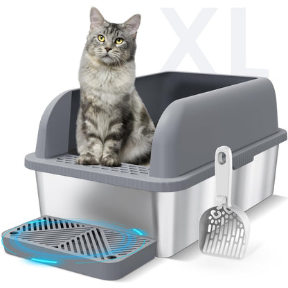 Suzzipaws Enclosed Stainless Steel Cat Litter Box with Lid Extra Tray