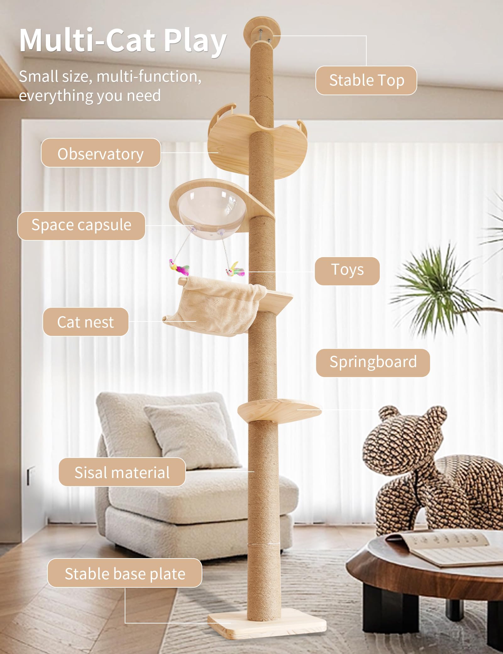 Floor-to-Ceiling Cat Tree with Natural Sisal Rope Scratching Post