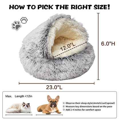 ShinHye Cozy Cat Bed Round Plush Fluffy Hooded Cave, Bed