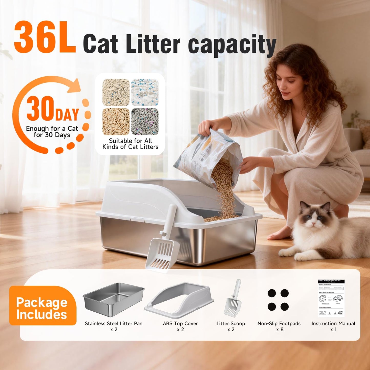 2PACK Stainless Steel Cat Litter Boxes, XL Large Metal Litter Box