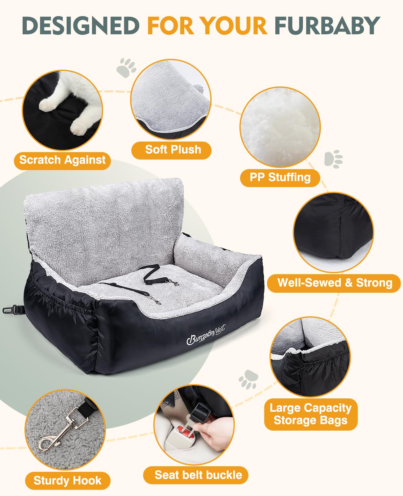 BurgeonNest Dog Car Seat for Medium/Large Dogs Under Soft Pet Car Seat