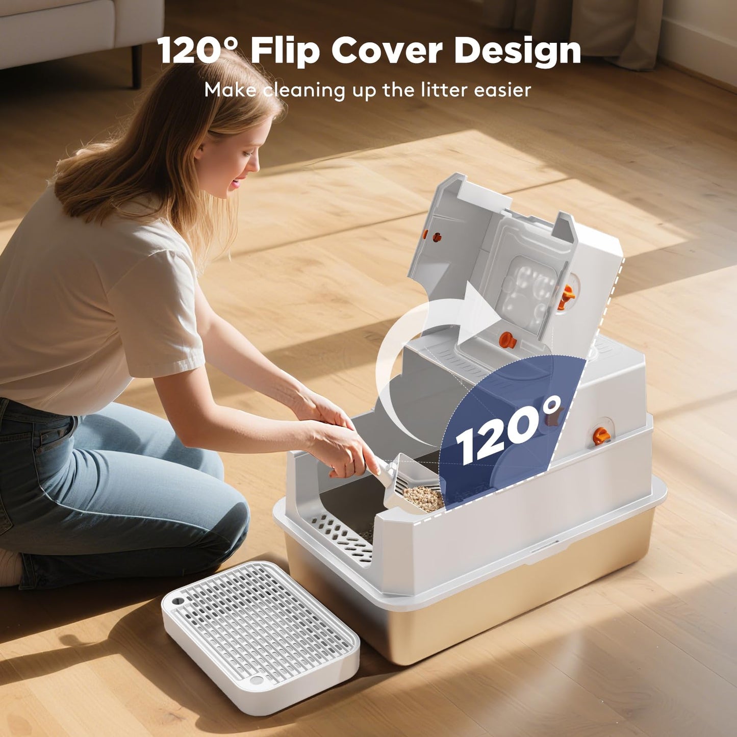 FURTIME Stainless Steel Litter Box with Lid, XL Extra Large Box