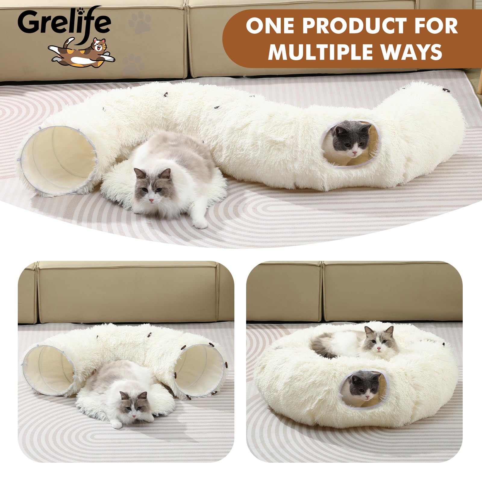Grelife Cat Tunnel Bed for Indoor Cats, Cute Cat Tunnel Toys, Bed