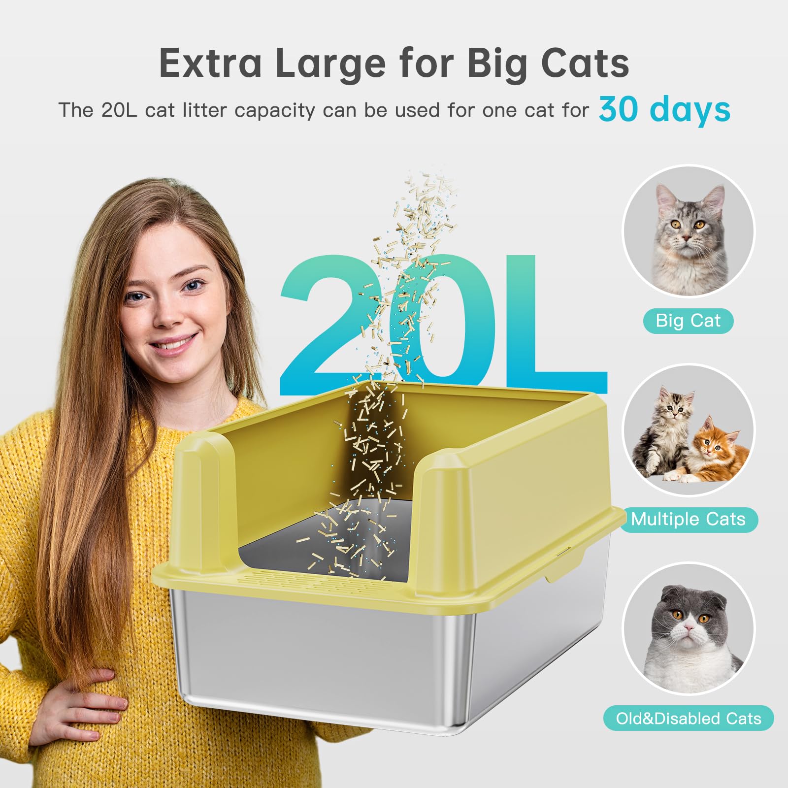 Stainless Steel Litter Box with High Side, XXL Extra Large Cat Litter