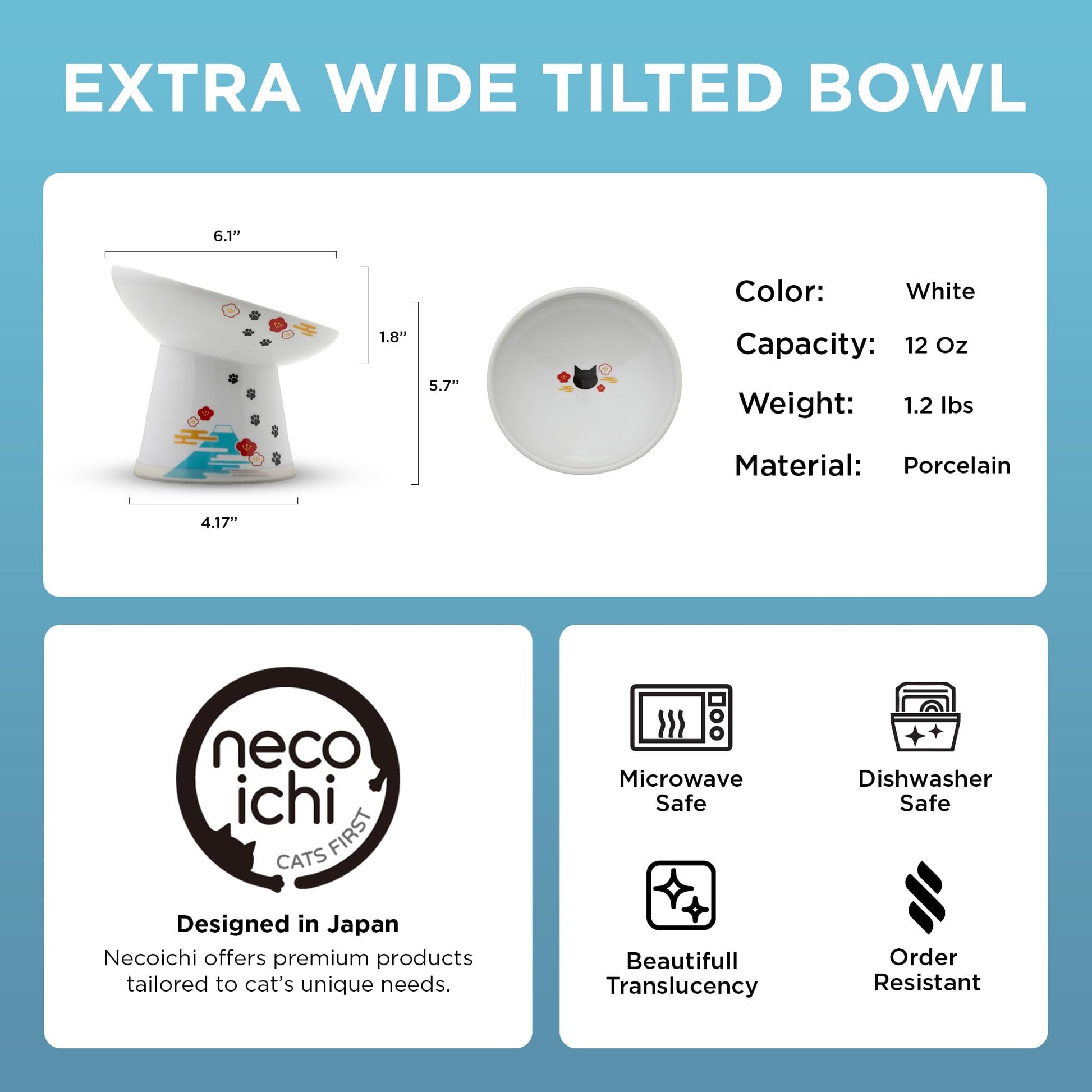 Necoichi Raised Cat Food Bowl Ceramic Elevated 15° Tilted cat Bowl