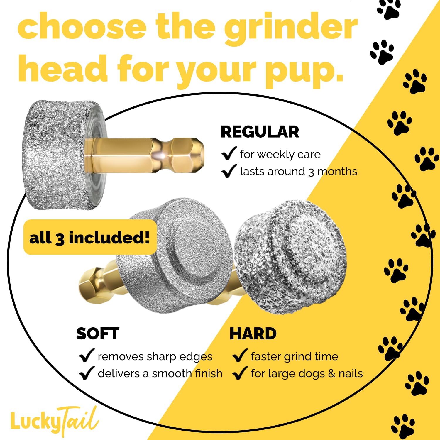 LUCKY TAIL Dog Nail Grinder Regular, Hard Soft Replacement Head Kit