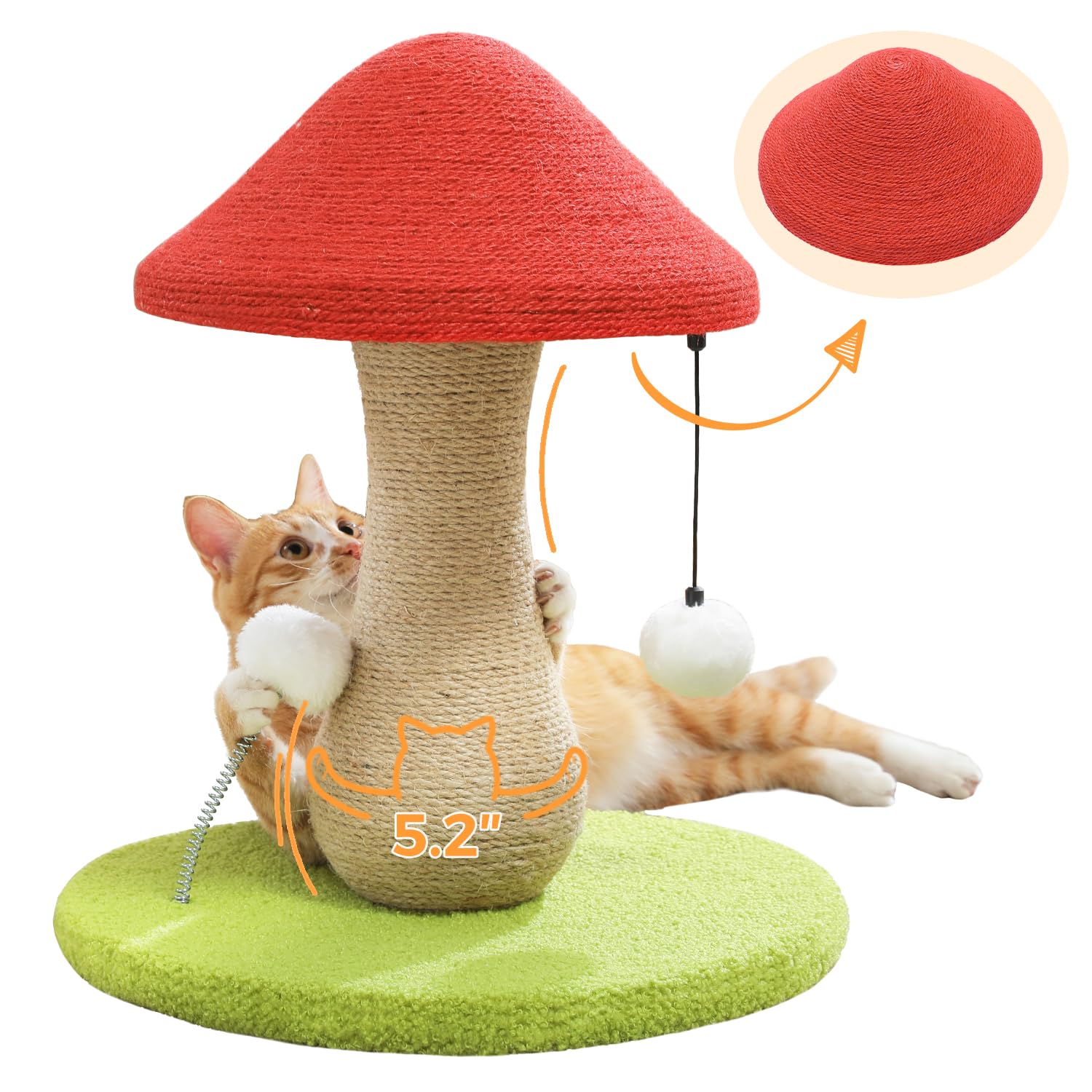 PETEPELA Mushroom Cat Scratching Post, Cat Scratcher Cute with Toy