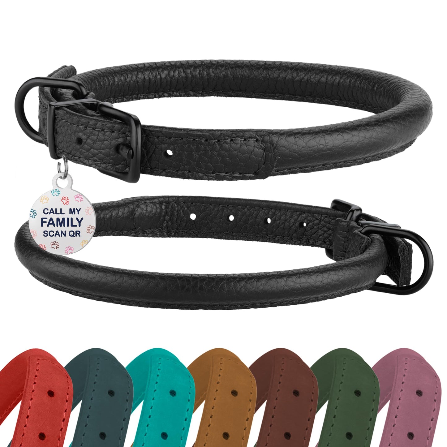 Rolled Leather Dog Collar Soft Round Collars, ID Tag Collar
