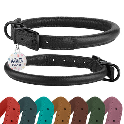 Rolled Leather Dog Collar Soft Round Collars, ID Tag Collar