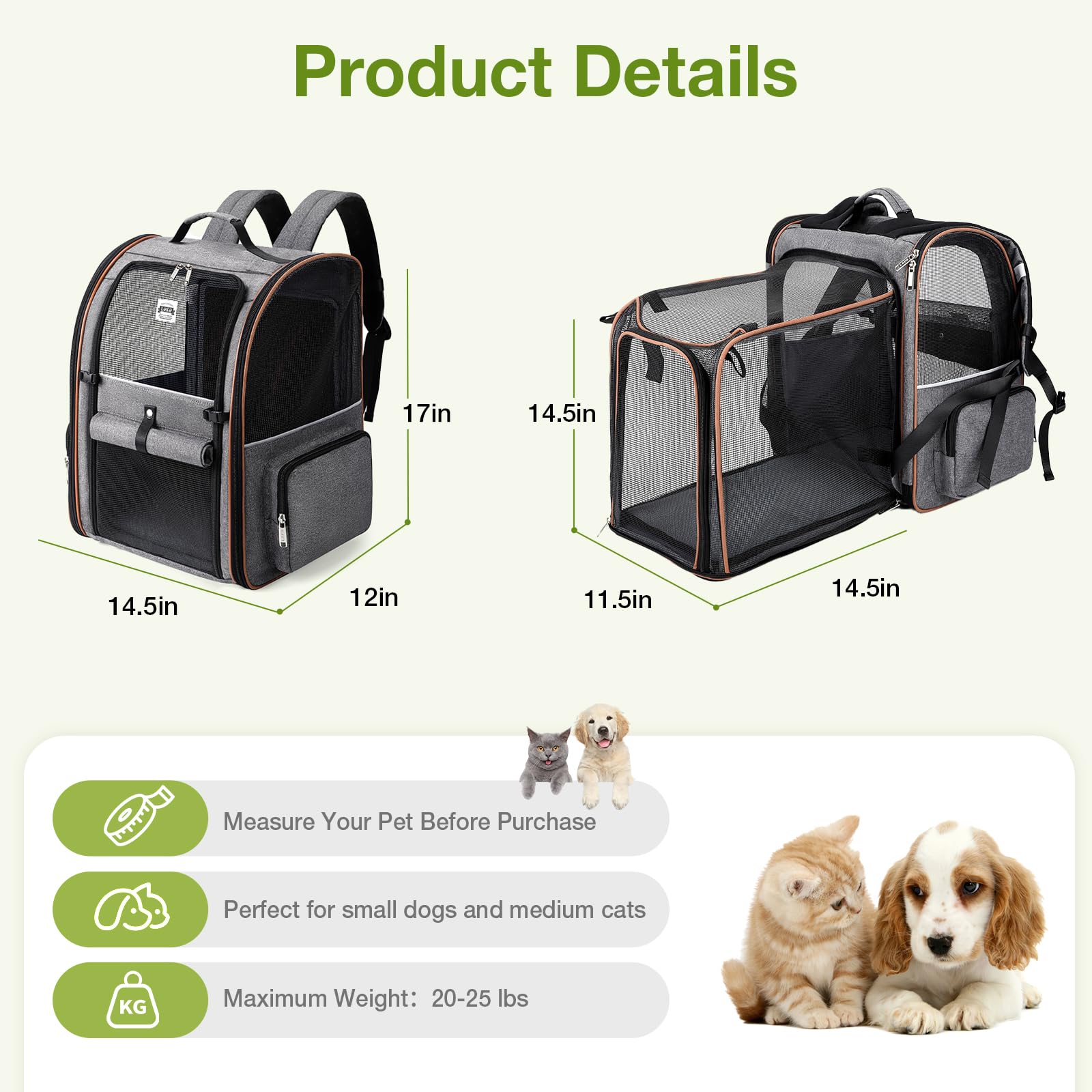 Lekebobor Extra Large Cat Backpack Carrier Expandable Pet Carrier