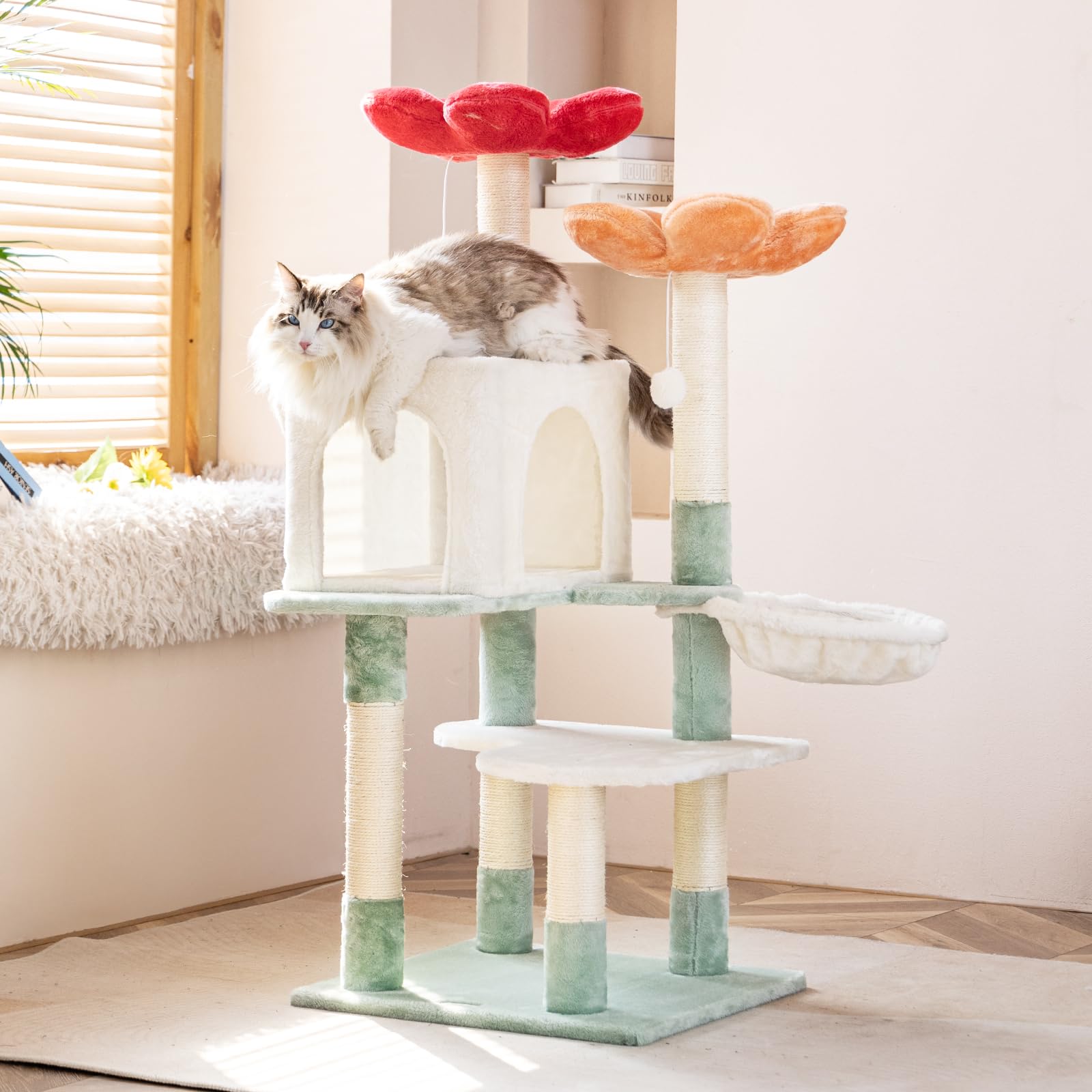 HYABi 48-inch Modern Cat Tree with Hanging Basket Flower Design Balls