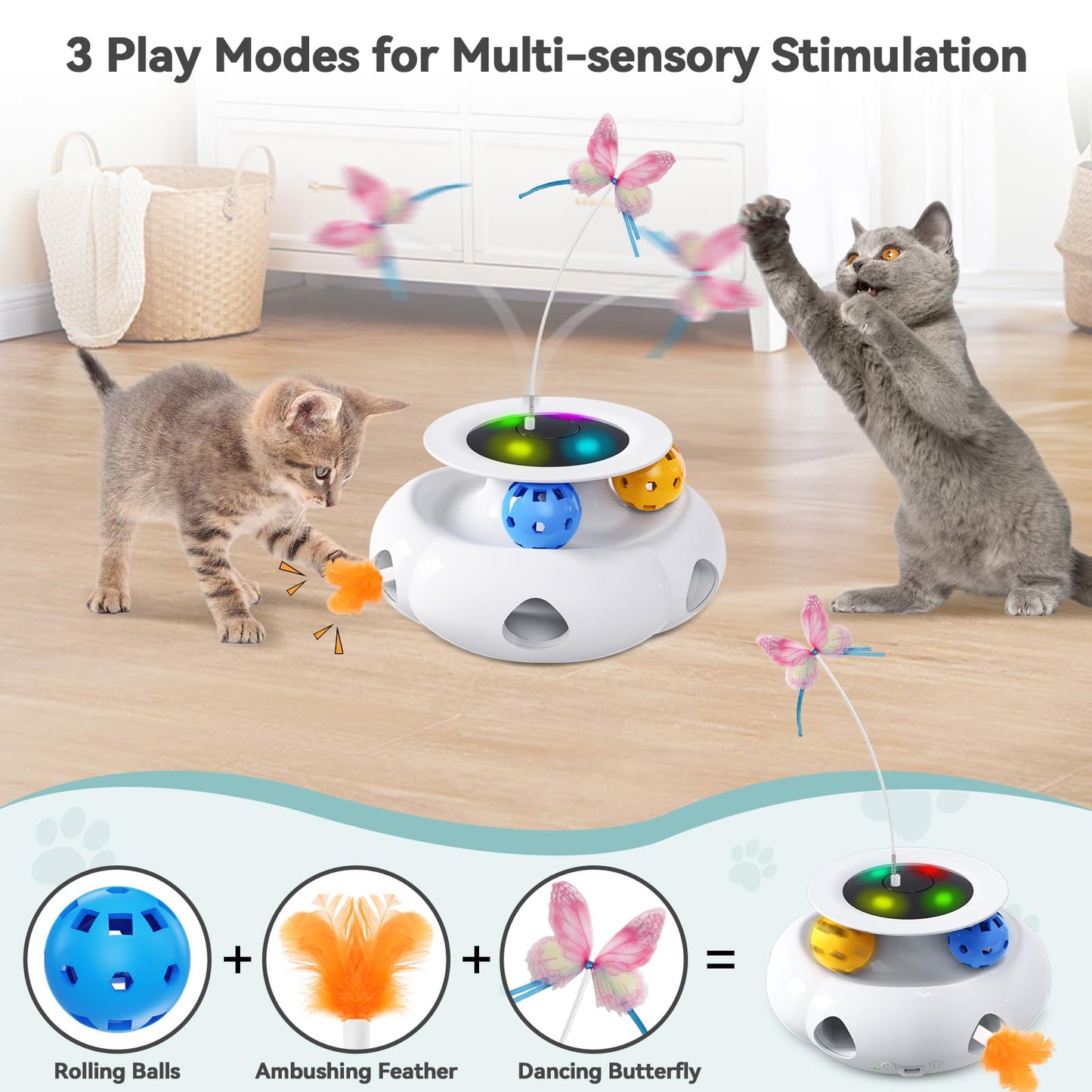 Xuyub Cat Toys 3in1 Interactive Moving Ambush Feather, Spinning Balls