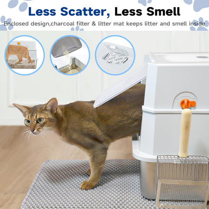 TENTIZON Stainless Steel Cat Litter Box with Lid, Large Covered Mat