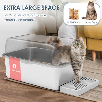 2 Pack 8" Deep Stainless Steel Litter Box with Lid, Extra Large Box