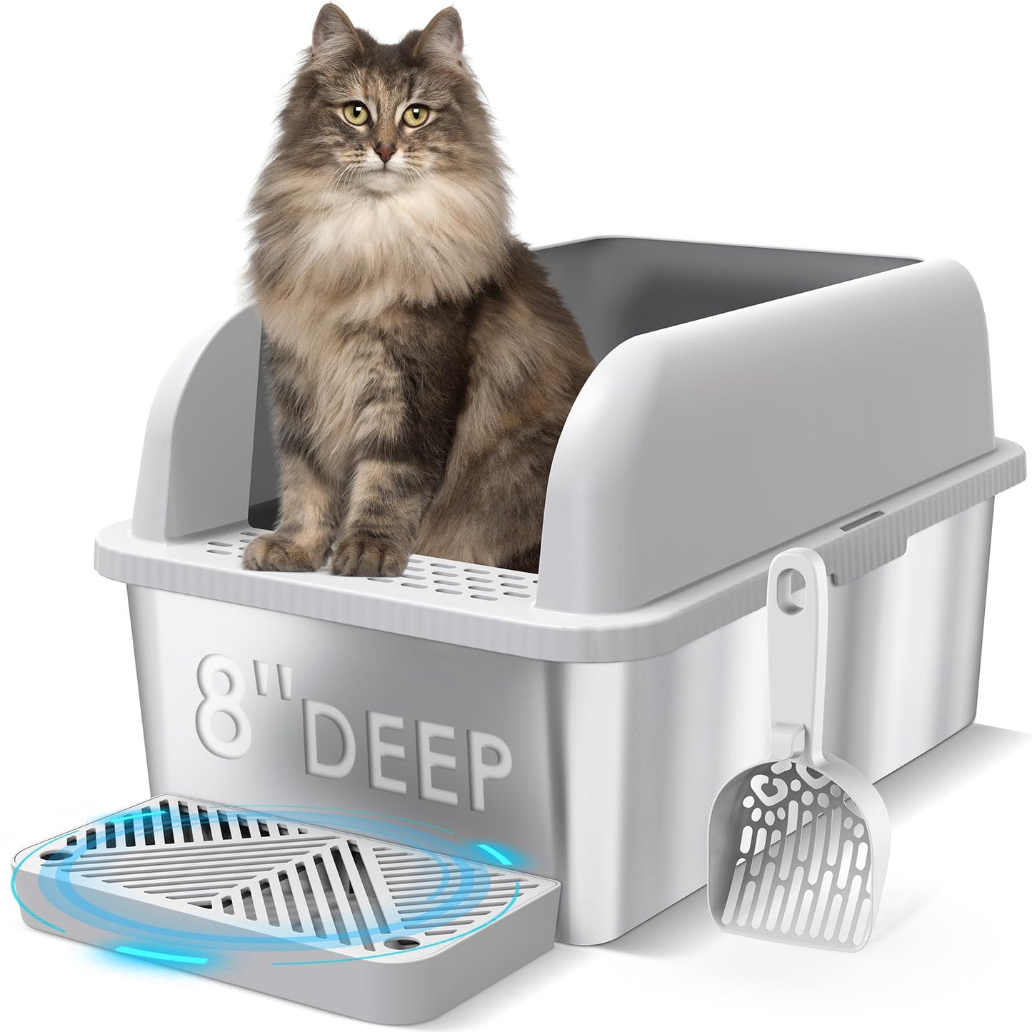 Suzzipaws 8" Deep Stainless Steel Cat Litter Box with Lid Extra Box