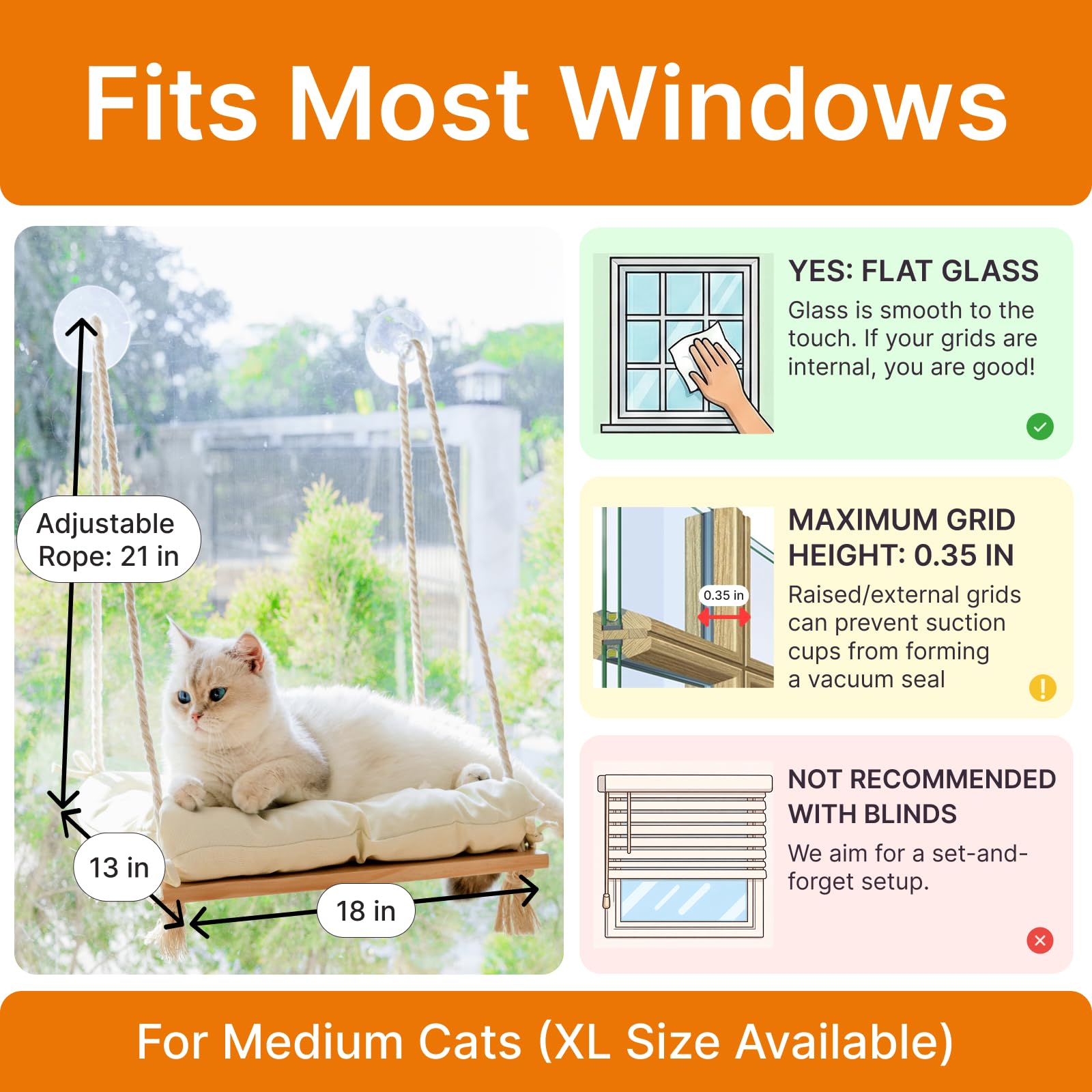 Cat Window Perch with Industrial-Grade Suction Cups Solid Pine Bed