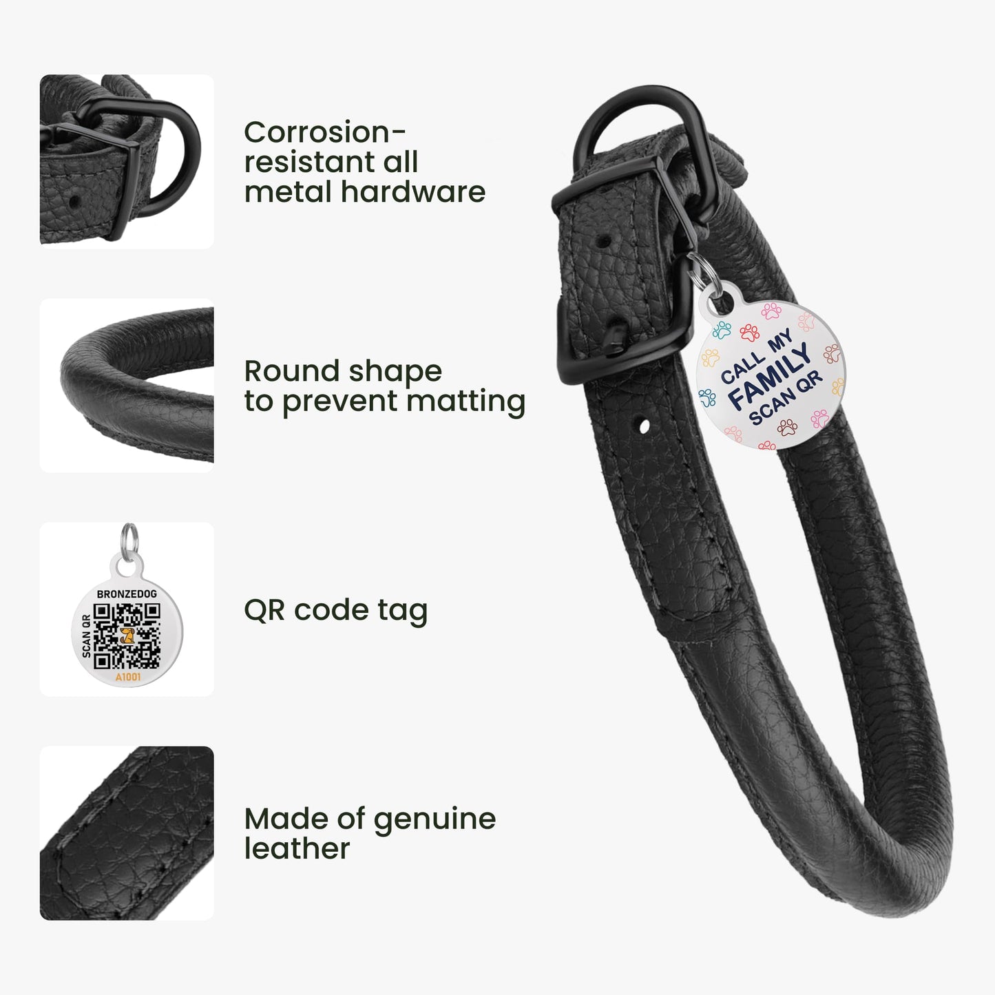 Rolled Leather Dog Collar Soft Round Collars, ID Tag Collar