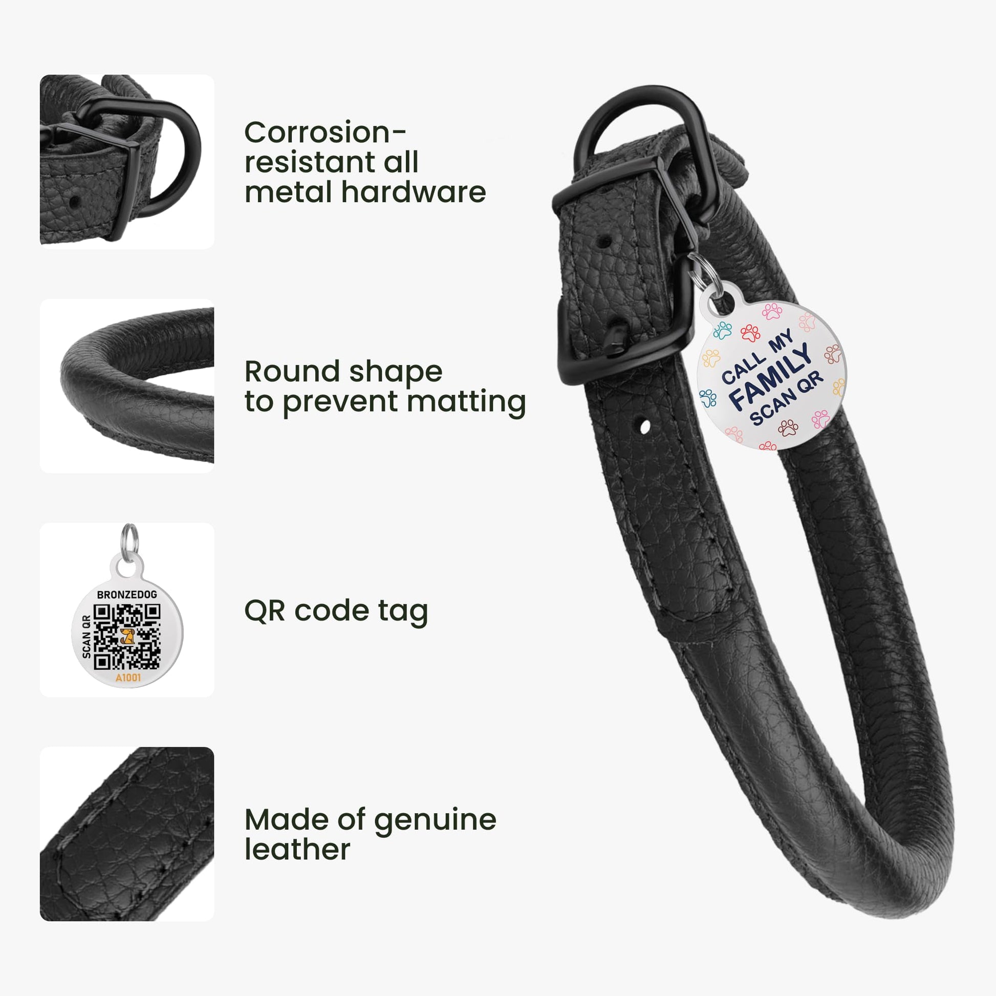 Rolled Leather Dog Collar Soft Round Collars, ID Tag Collar