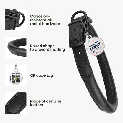 Rolled Leather Dog Collar Soft Round Collars, ID Tag Collar