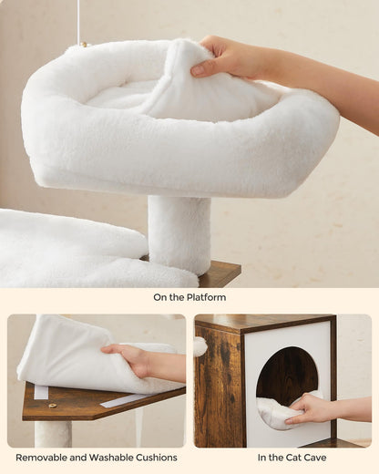 Feandrea Cat Tree with Litter Box Enclosure, 59-Inch Modern Cushion