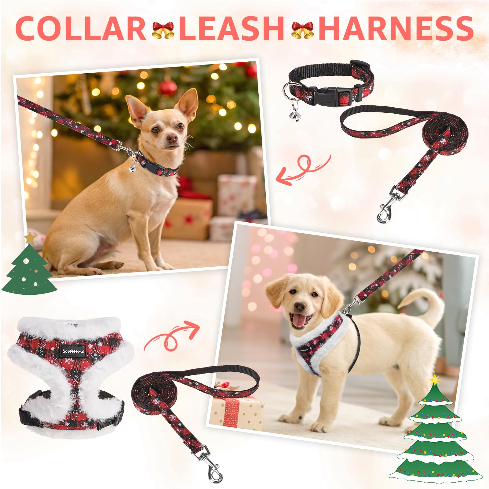 SCENEREAL Dog Christmas Harness Collar and Leash Set, Warm Collar
