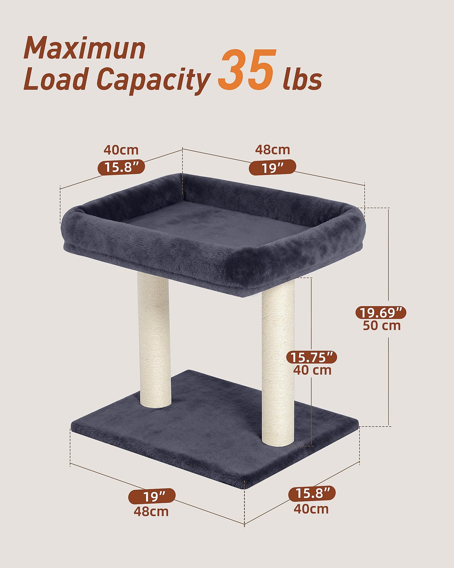KinoTail Cat Tree with Large Top Perch Bed (19"×15.8"), Tower