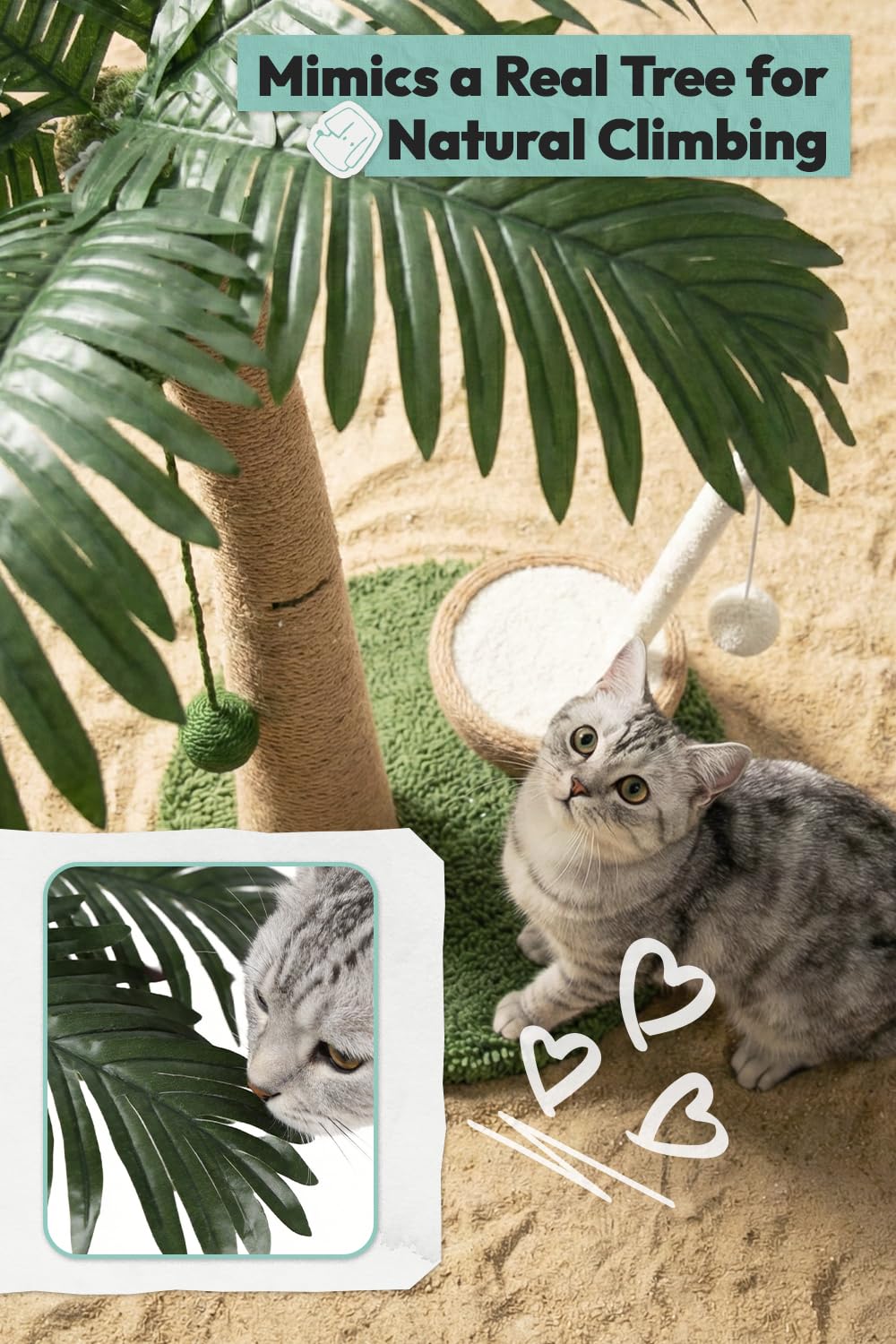 POMESEA 33" Tall Cat Scratching Post, Natural Jute Cat Scratcher Ball