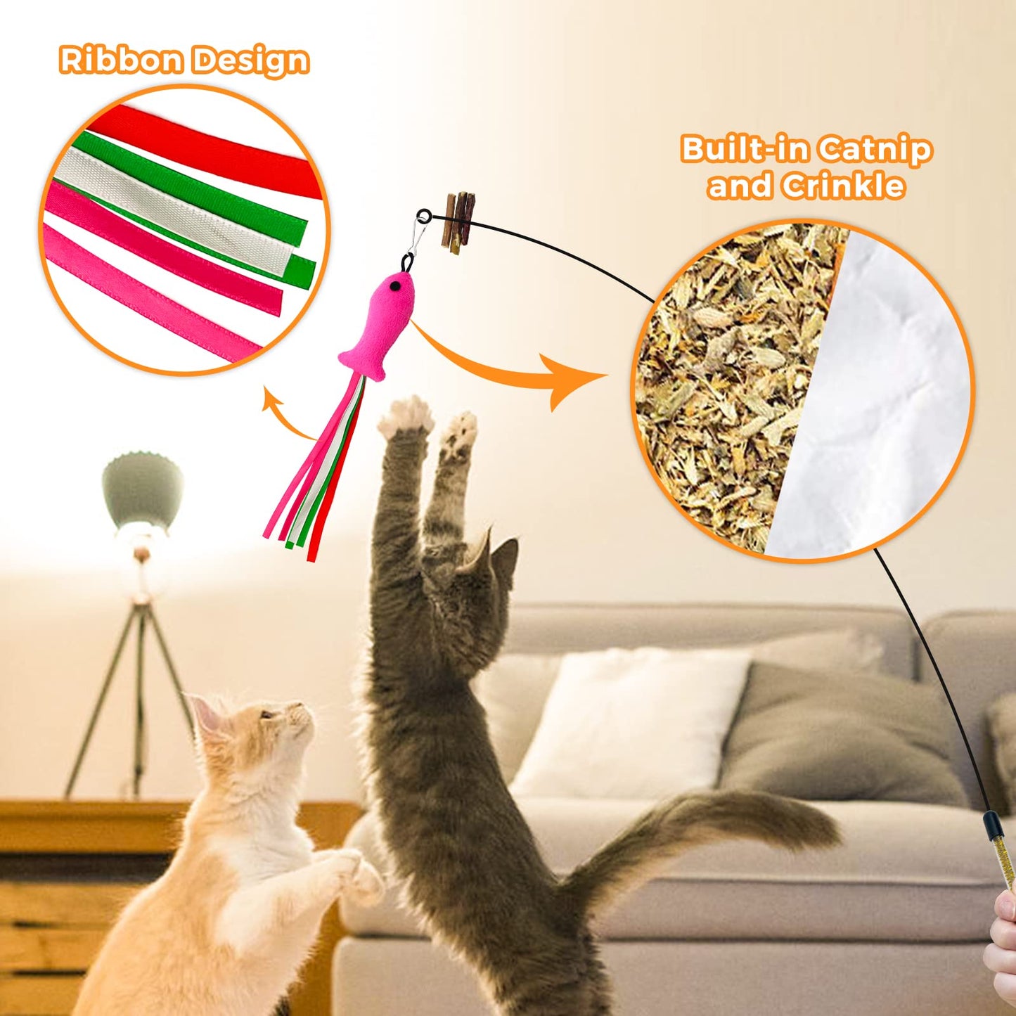 Lepawit Cat Wand Toy, Cat Feather Toys with Silvervine Bells, 2 * Wand