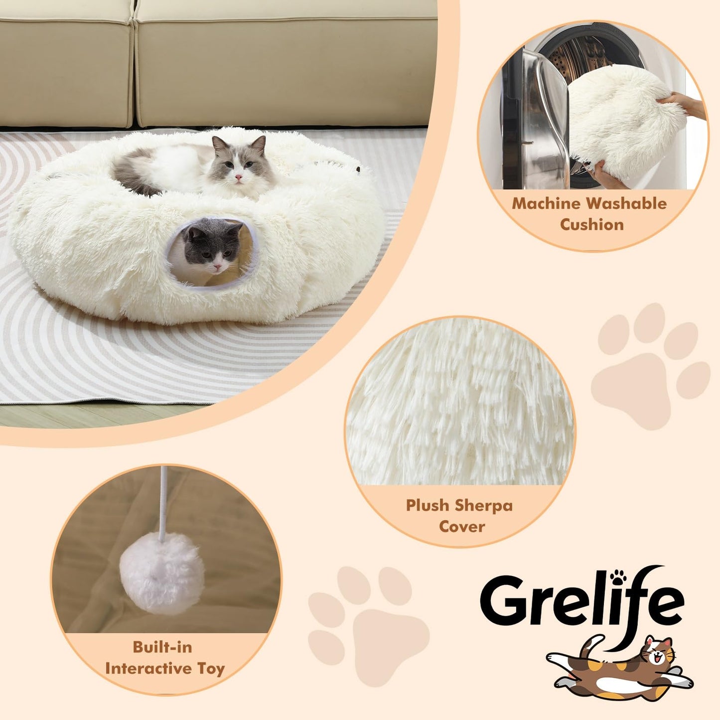 Grelife Cat Tunnel Bed for Indoor Cats, Cute Cat Tunnel Toys, Bed