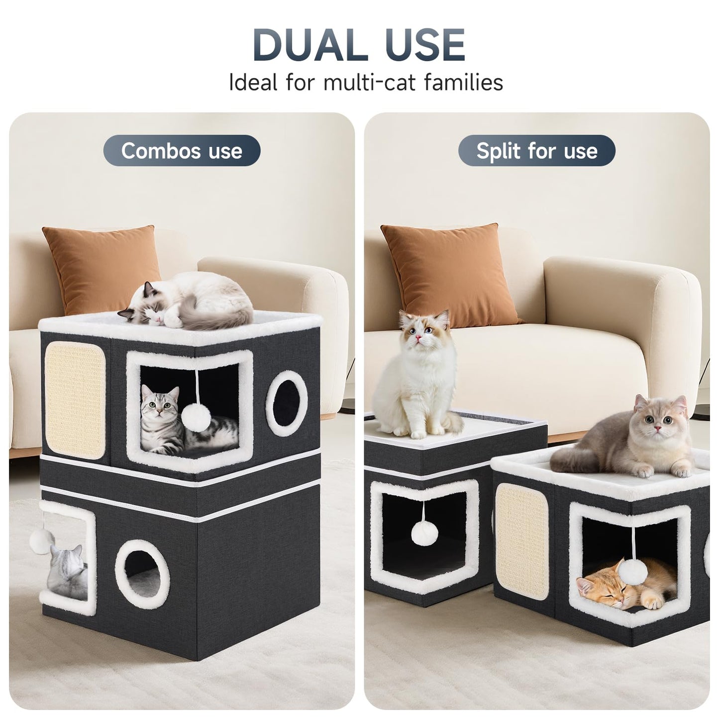 2-Storey Cat House for Indoor Cats, Separate Into 2 Large Cat Bed Cave