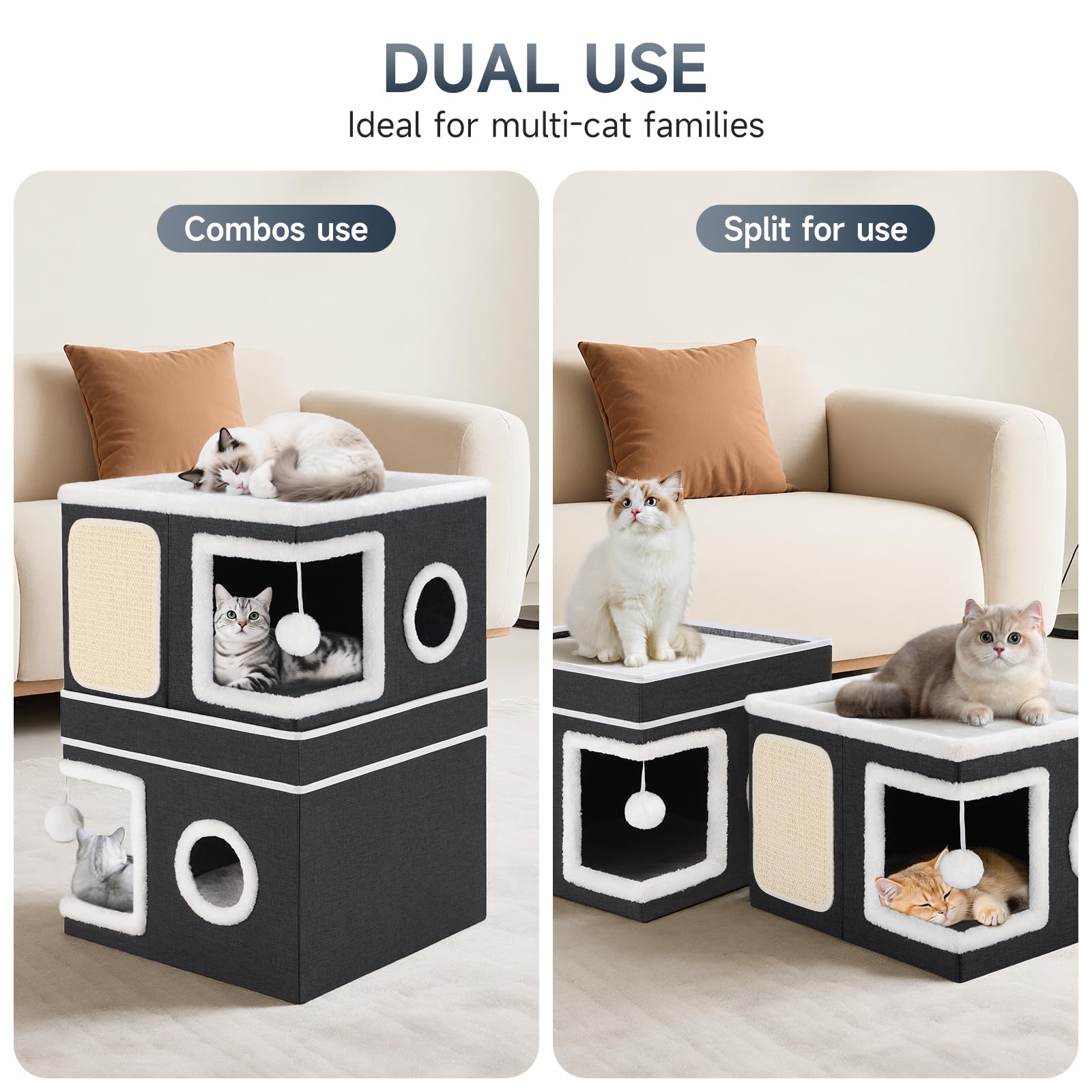 2-Storey Cat House for Indoor Cats, Separate Into 2 Large Cat Bed Cave