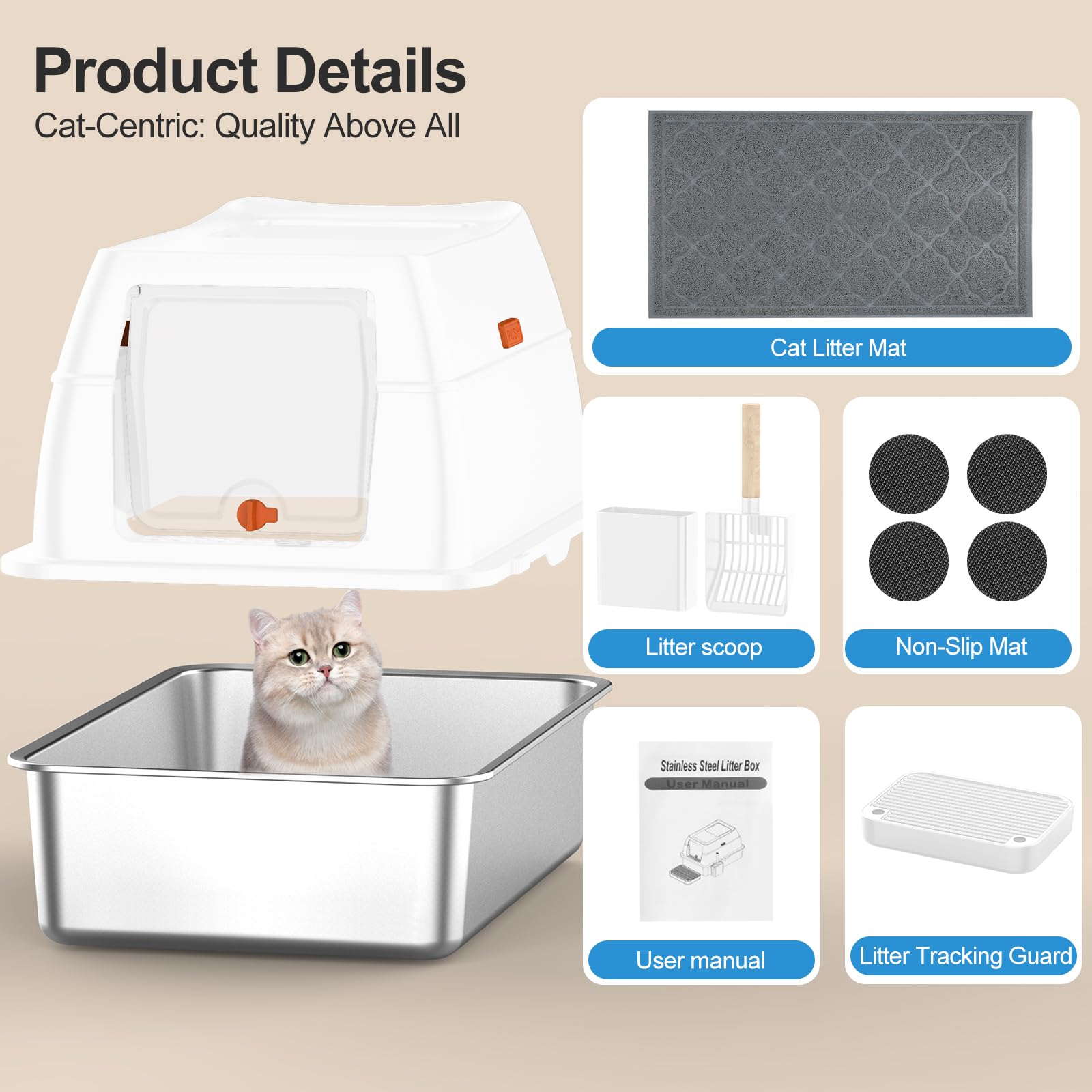 Stainless Steel Litter Box with Lid,Extra Large Enclosed Removable Box
