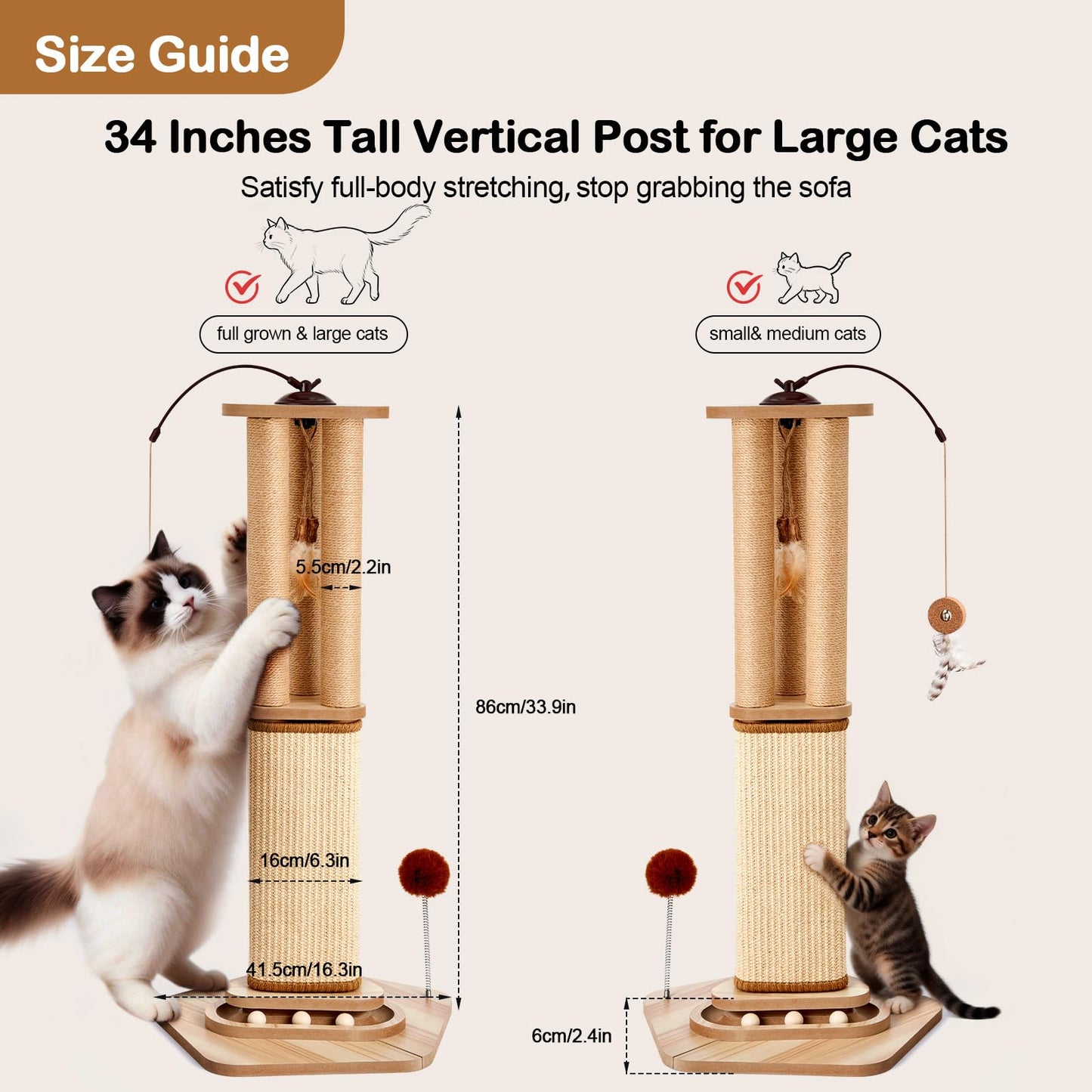 Tall Cat Scratching Post for Large Cats, Heavy Duty Natural Sisal Ball