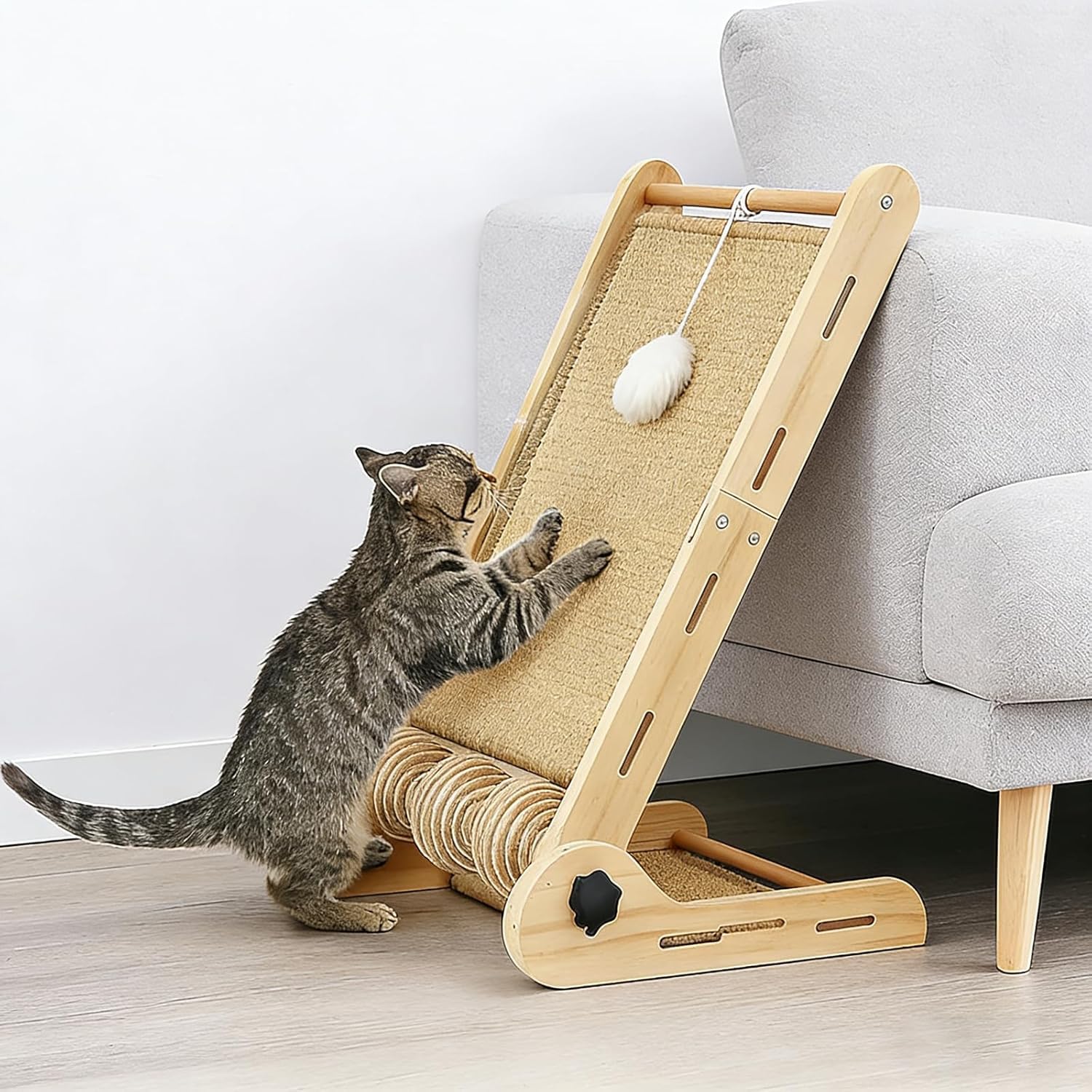 32" Sisal L Shaped Cat Scratch Pad with Ball Toy, Wooden Ball