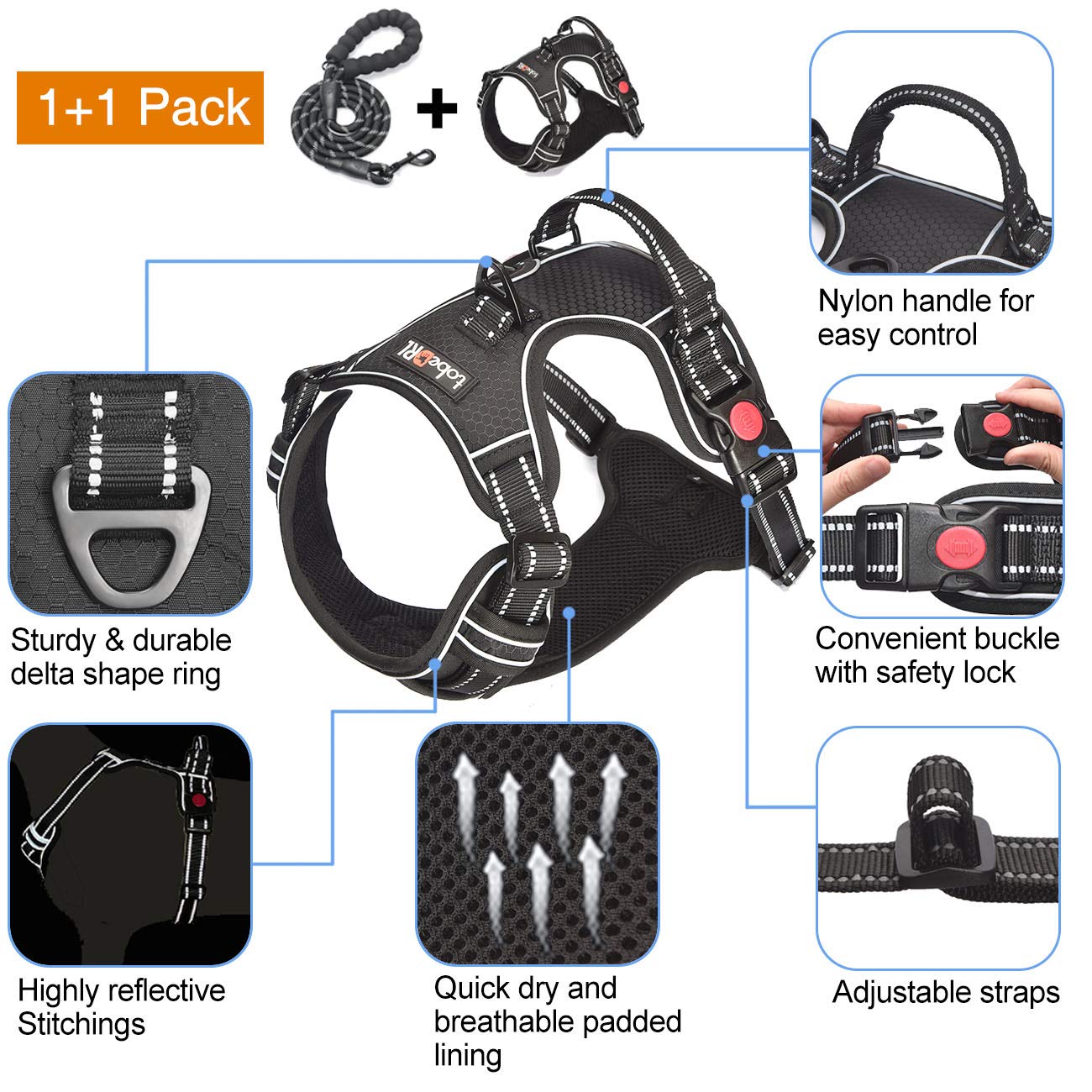 tobeDRI No Pull Dog Harness Adjustable Reflective Oxford Easy Leash