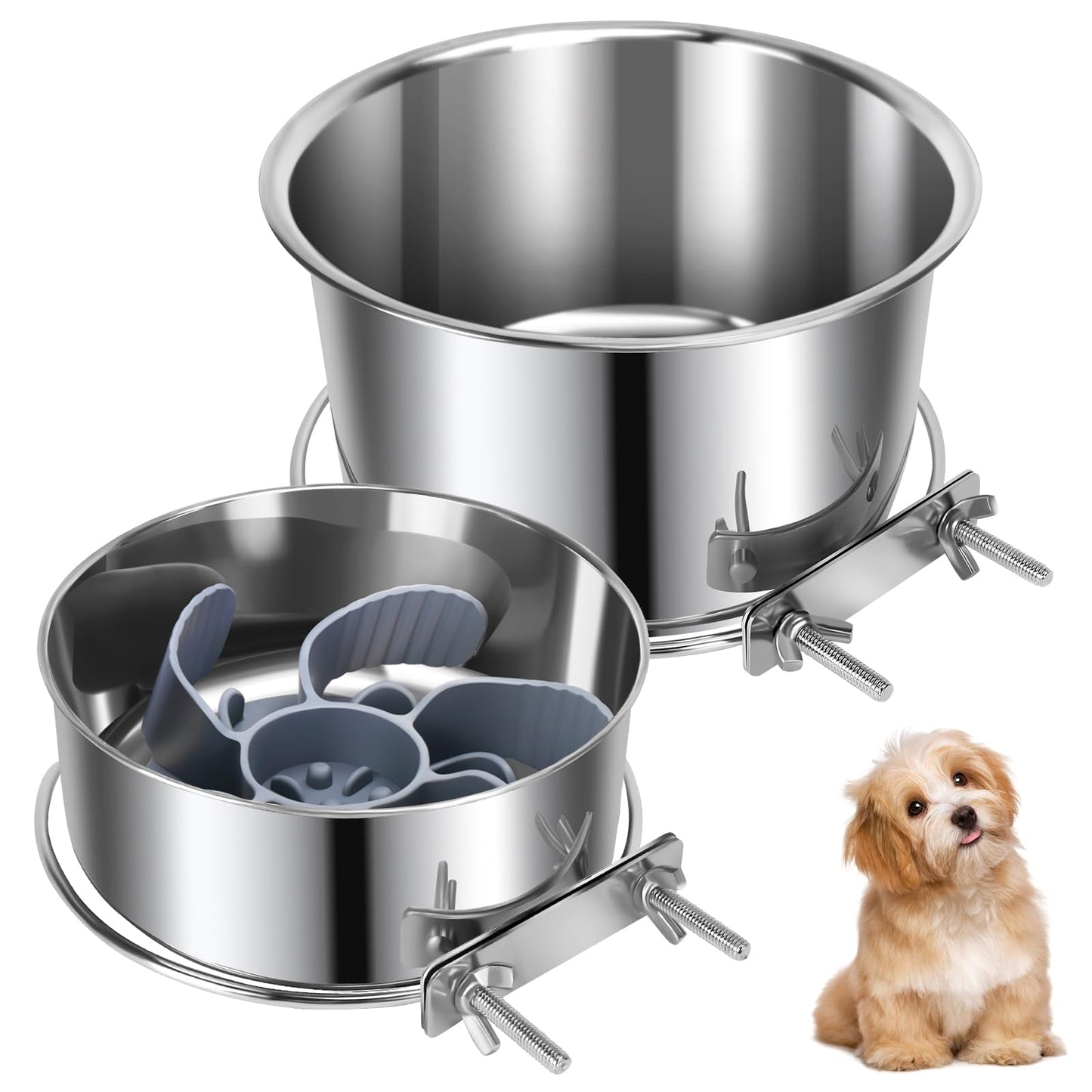 2 Pcs Large Pet Dog Food Water Bowl with Slow Feeder Insert for Cage
