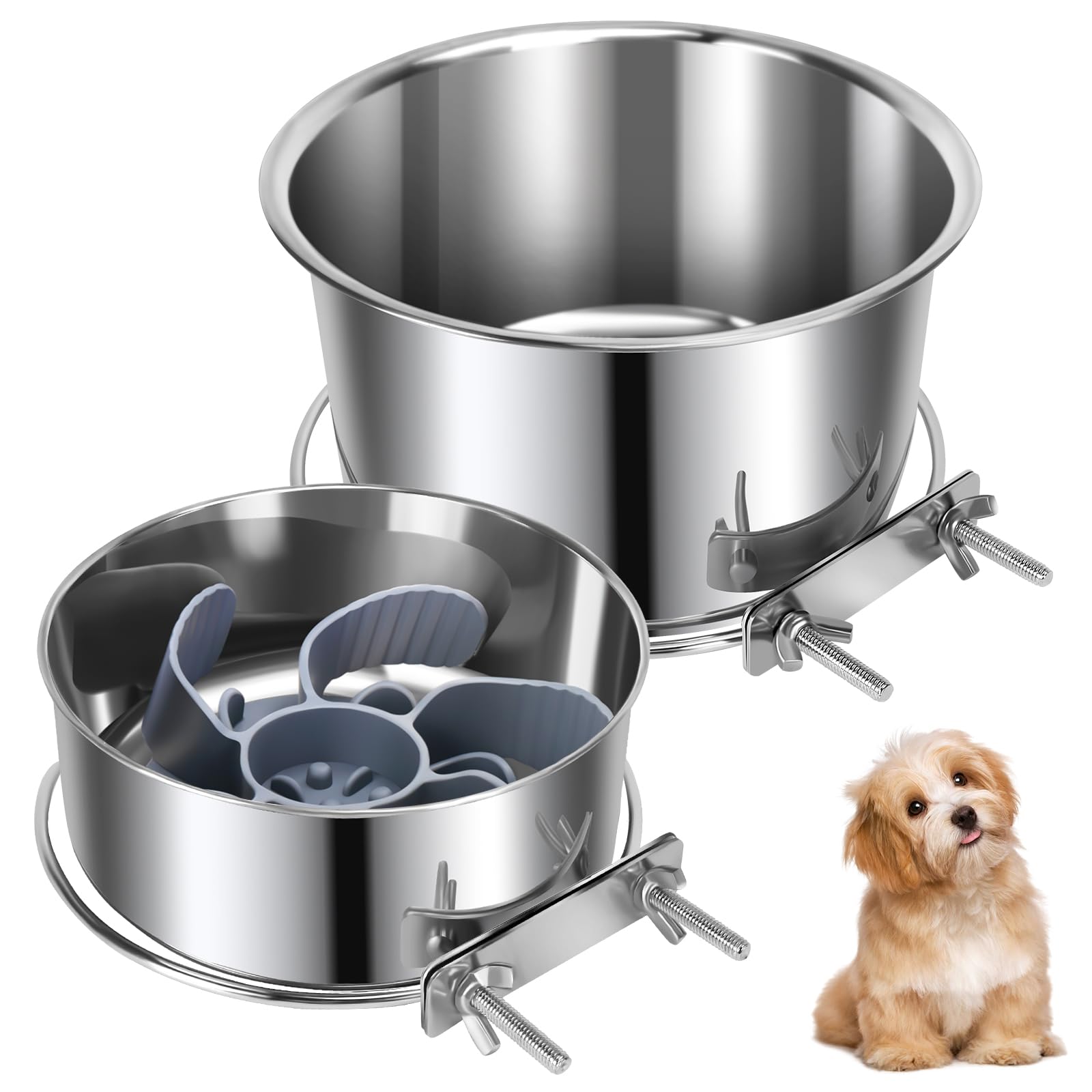 2 Pcs Large Pet Dog Food Water Bowl with Slow Feeder Insert for Cage