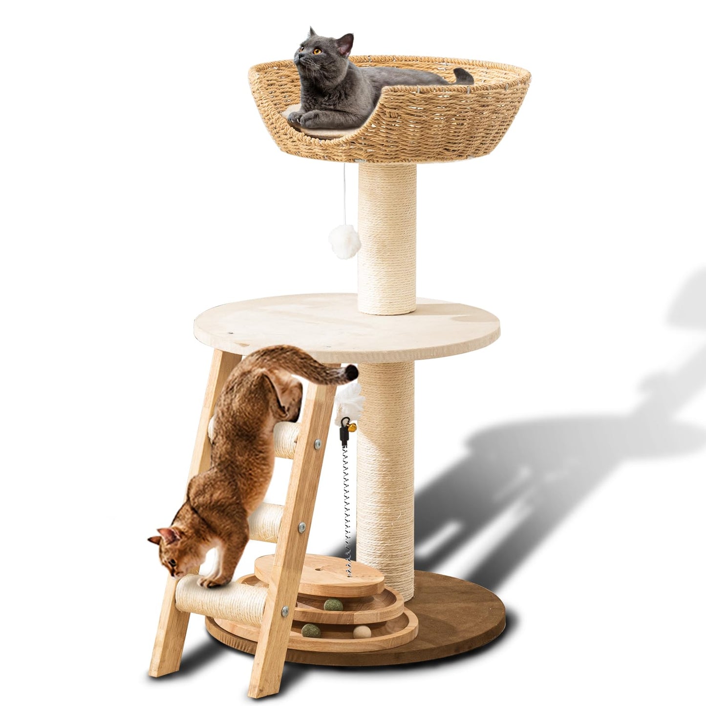 Natural Wood Modern Cat Tree with Top Cats Bed, Unique Cute Toy