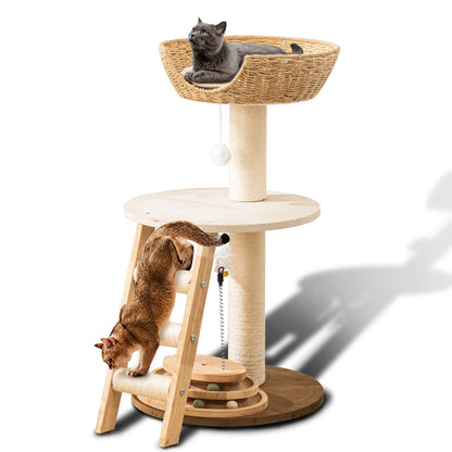 Natural Wood Modern Cat Tree with Top Cats Bed, Unique Cute Toy