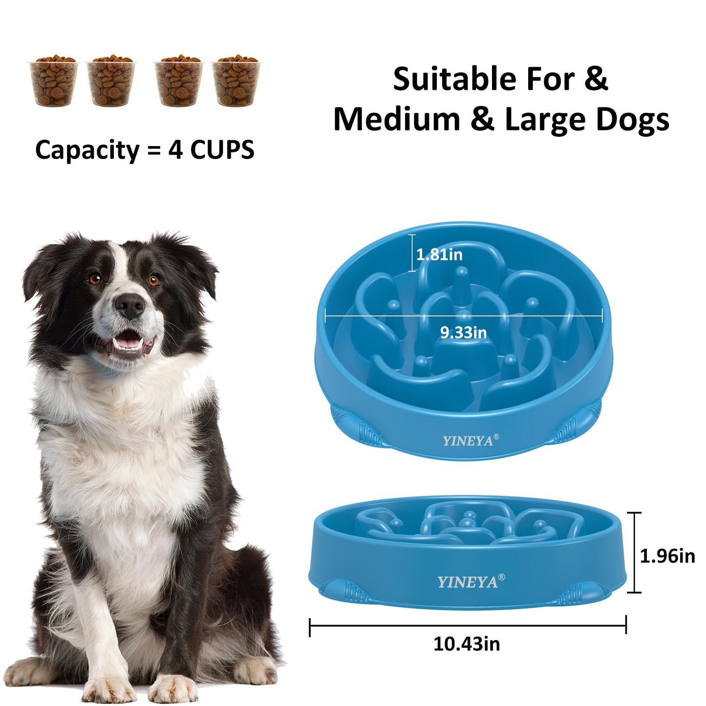 YINEYA 4 Cups Slow Feeder Dog Bowls Large Breed, Anti-Choking Puzzle