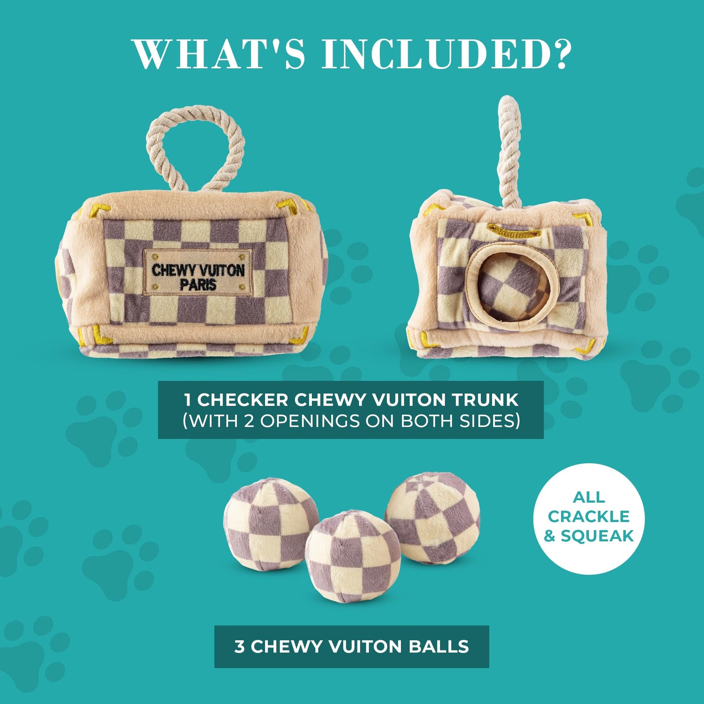 Haute Diggity Dog Chewy Vuiton Trunk Puzzle with 3 Plush Squeaky Plush