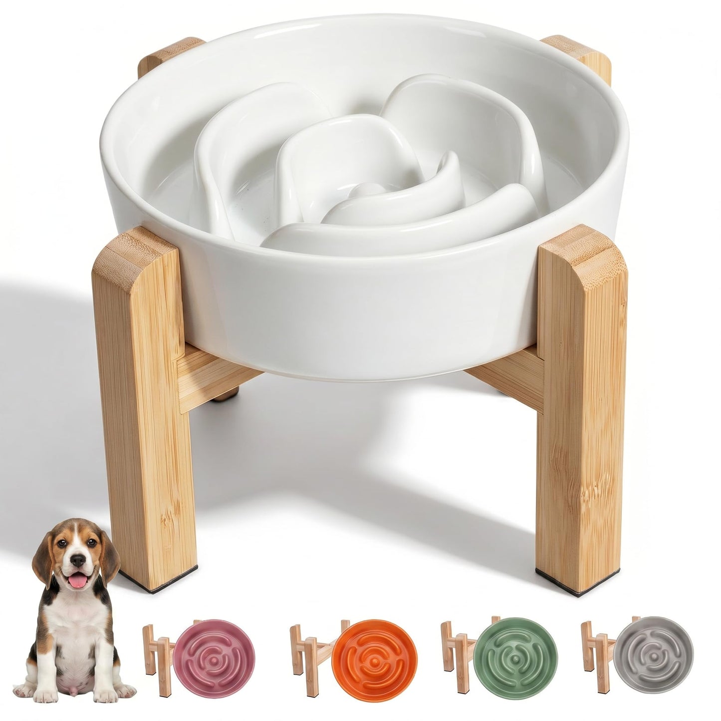 Elevated Slow Feeder Dog Bowl Ceramic Maze Food Dish with Bamboo Bowl