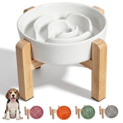 Elevated Slow Feeder Dog Bowl Ceramic Maze Food Dish with Bamboo Bowl