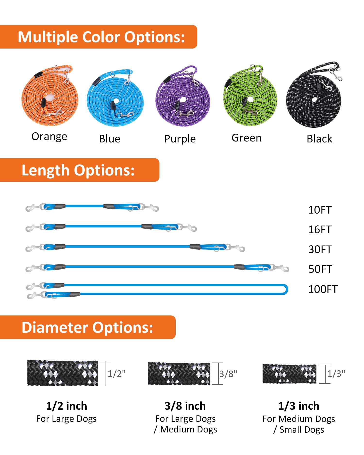 Extra Long Dog Leash for Dog Training, Reflective Threads Check Lead