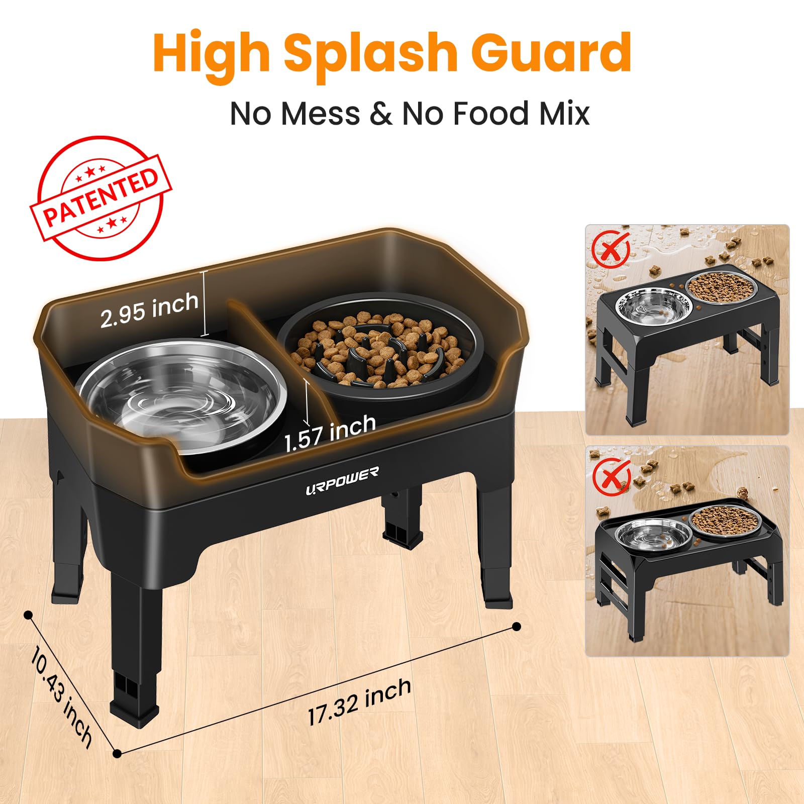 URPOWER 3-in-1 Elevated Dog Bowls Mess Proof Double Deck 4 Height Bowl