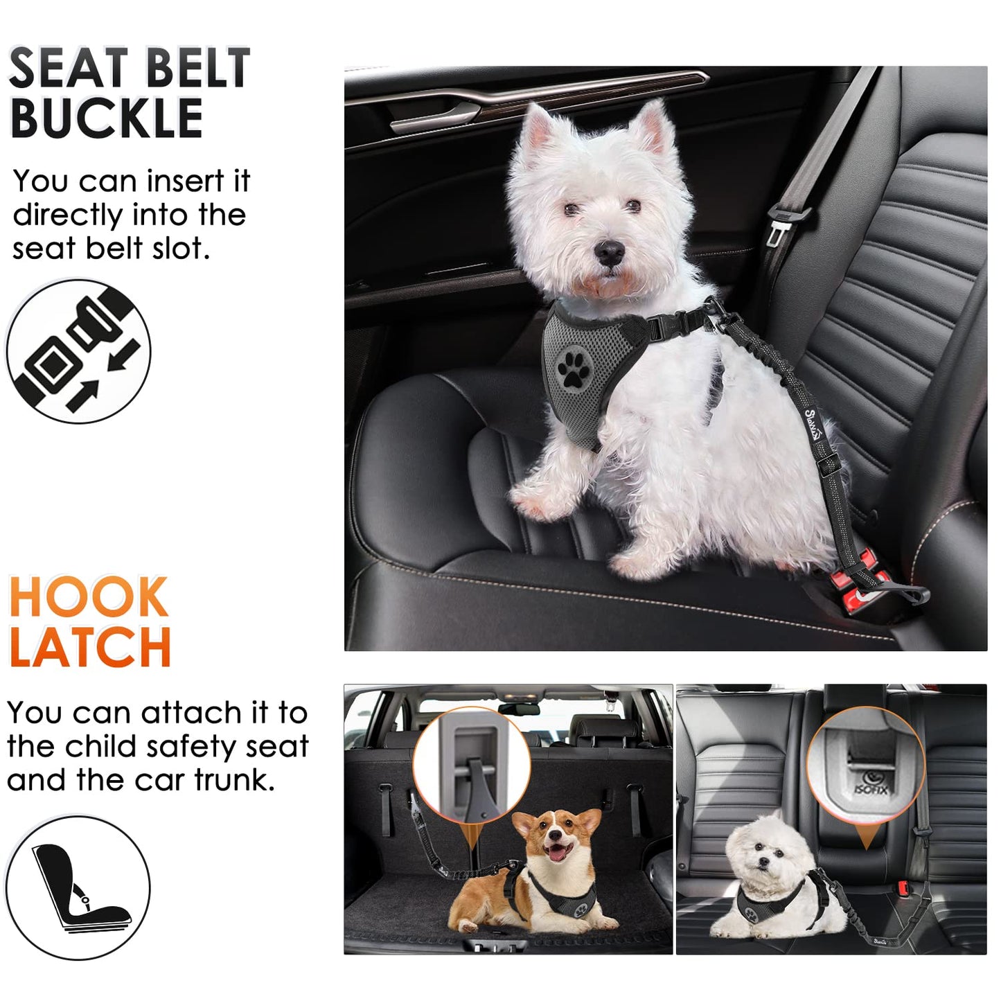 SlowTon Dog Seat Belt, Adjustable Dog Safety Belt Leash, 1 Latch Seat