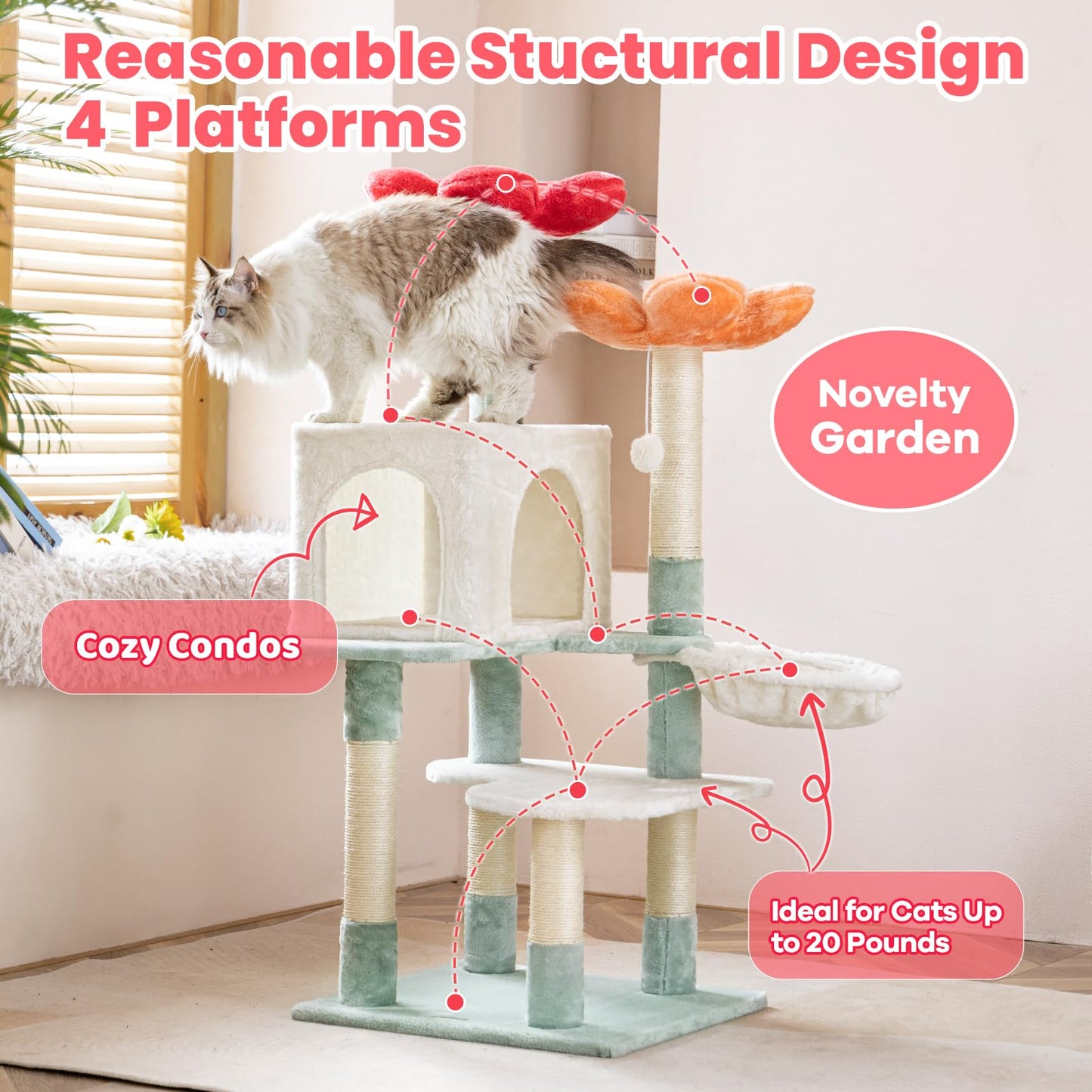 HYABi 48-inch Modern Cat Tree with Hanging Basket Flower Design Balls