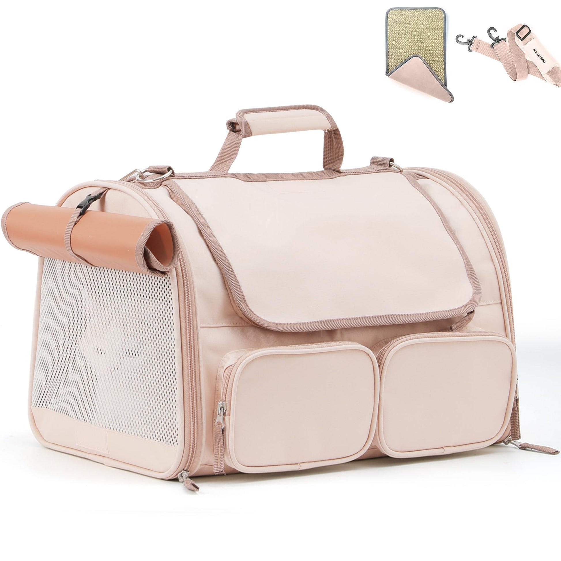 FUKUMARU Cat Carrier, 4 Mesh Windows Small Dog Carrier, 4 Storage Bag