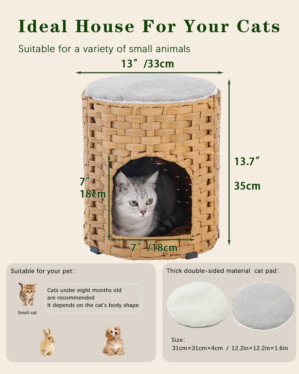 SETVSON Cat House for Indoor Cat, Small Cat Houses Handwoven PE Bed